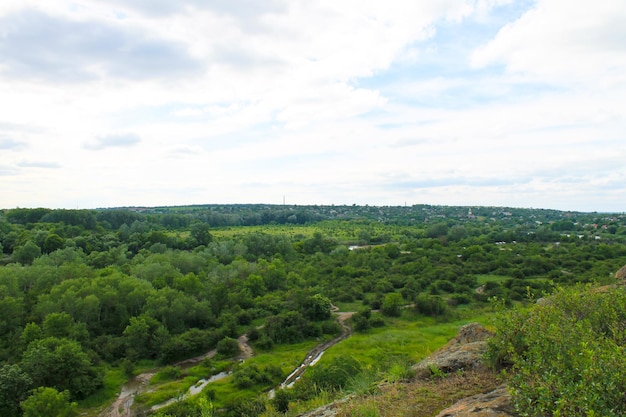 Sommerlandschaft mit Bäumen, Hügeln und Felsen