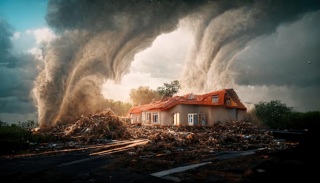 Sommerlandschaft mit Hurrikanen auf einem Feld neben einem Holzhaus