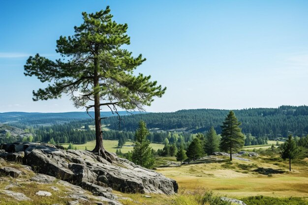 Foto sommerlandschaft mit kiefern und wald auf dem land