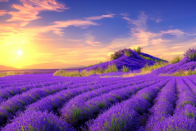 Sommerlandschaft mit Lavendelfeld bei Sonnenuntergang