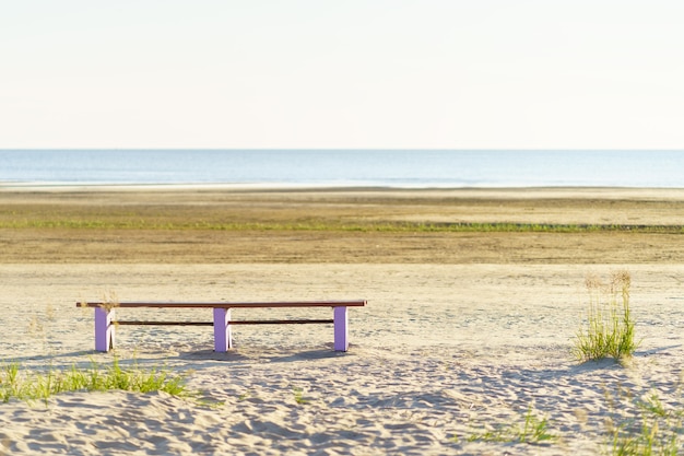 Foto sommerlandschaft mit lila holzbank am sandstrand im sonnigen tag meer oder see im hintergrund