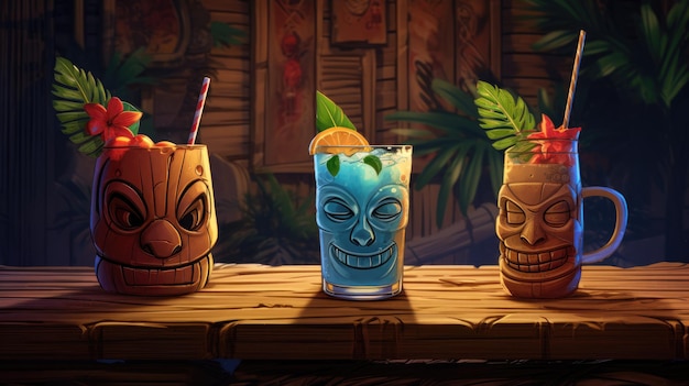 Foto sommerlich erfrischende tiki-cocktails auf dem hintergrund einer bartheke. sommerliche strandbar ai