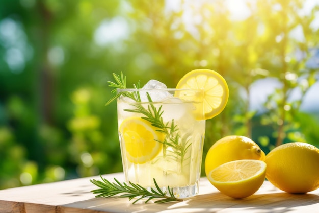 Sommerlich erfrischendes kaltes Sommerlimonadengetränk oder alkoholischer Cocktail mit Eis-Rosmarin-Zitronenscheiben