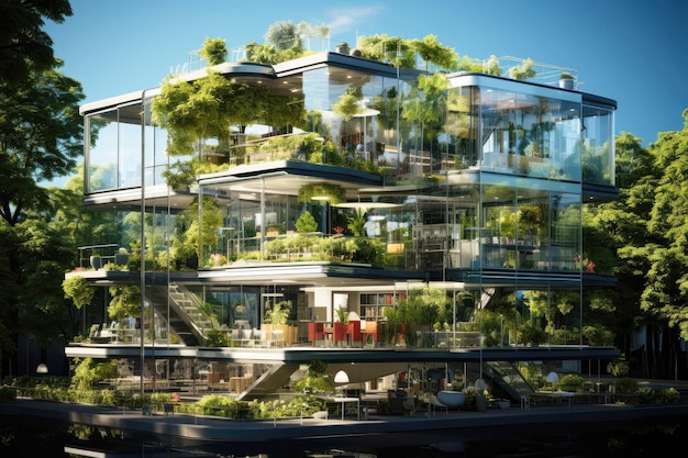 Sommerlich kühlendes grünes, mit Bäumen geschmücktes Glasgebäude