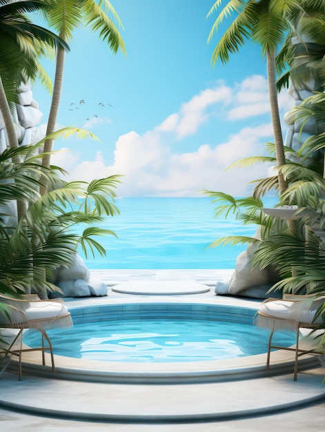 Sommerliche Entspannung, ruhige Umgebung mit kristallklarem Wasser und Kokospalmen