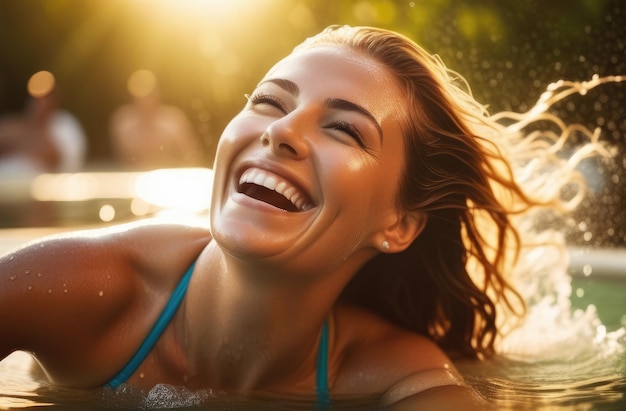 Sommerliche Freizeit beim Sonnenbaden im Pool sexy kaukasisches Mädchen, das Spaß daran hat, den Urlaub im Bikini zu genießen