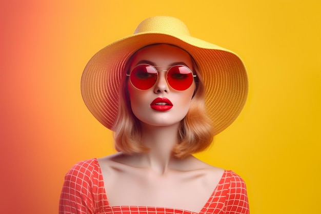 Sommerliche glückliche Frau posiert stilvoll mit Hut, begeistertem Lächeln, trendigen Designfarben