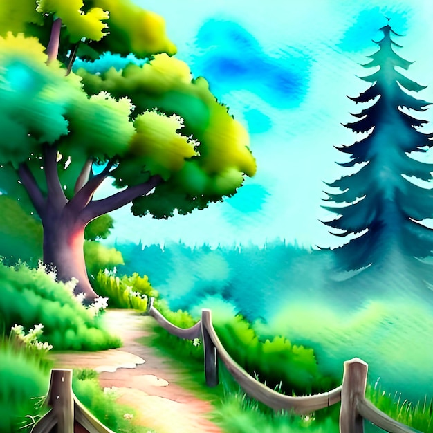 Sommerliche Naturlandschaft mit einem Weg im Aquarellstil