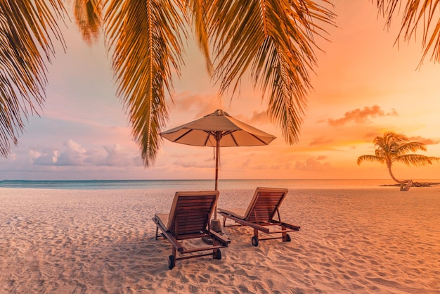 Sommerliche Strandlandschaft. Sonnenuntergangshimmel, weicher Sand, romantische Paarstühle unter Palmen, Liebe zusammen