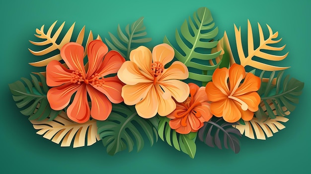 sommerliche tropische Blattpapierschnitt-Stilillustration auf grünem Hintergrund
