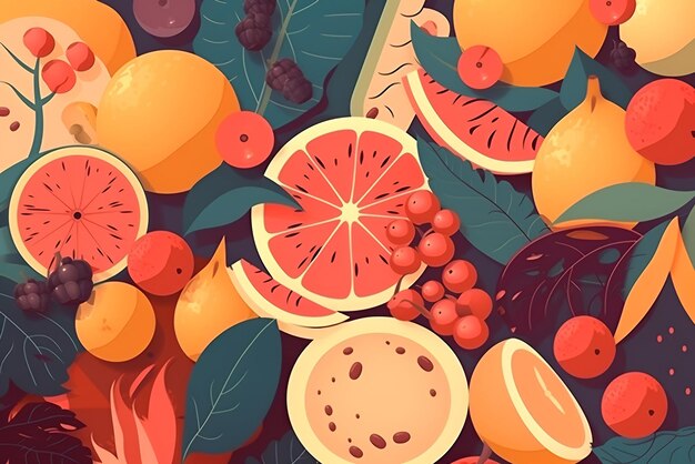 Foto sommerlicher illustrationshintergrund mit früchten und beeren im flachen design. generative ki