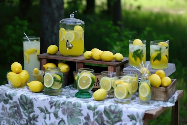 Sommerlicher Limonadenstand mit frischen Zitronen und geschnittenen Wassergläsern, hergestellt mit generativer KI