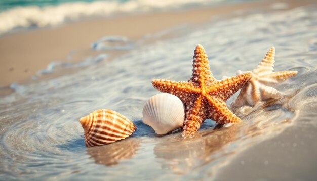 Sommerlicher Sandstrand mit verschwommenem Ozean im Hintergrund