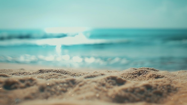 Sommerlicher Sandstrand mit verschwommenem Ozean im Hintergrund