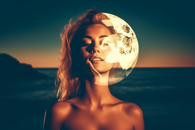 Sommerliches Doppelbelichtungs-Bikini-Porträt im Mondschein