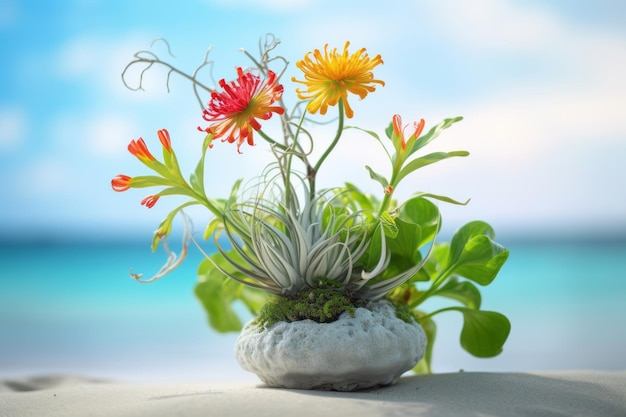 Sommerliches Flora-Arrangement mit Strandlandschaftshintergrund