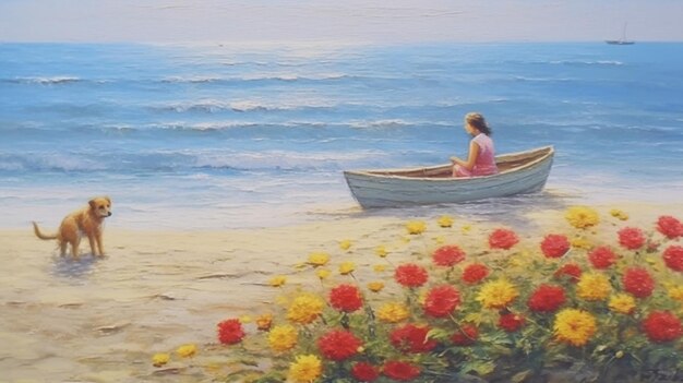Sommermeerlandschaft Frau und Welpe sitzen auf Strandsand, blauem Meer und Himmel