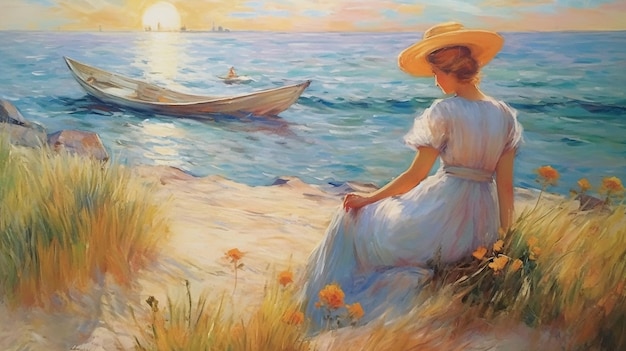 Sommermeerlandschaft Frau und Welpe sitzen auf Strandsand, blauem Meer und Himmel