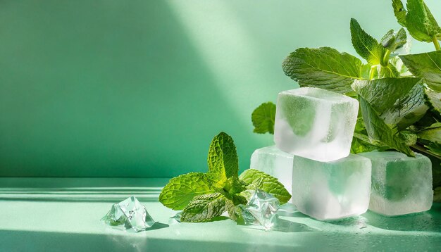 Sommerminzgrüner Hintergrund mit kalt gefrorenen Eiswürfeln und Blättern von Hauspflanzen