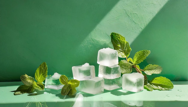 Sommerminzgrüner Hintergrund mit kalt gefrorenen Eiswürfeln und Blättern von Hauspflanzen