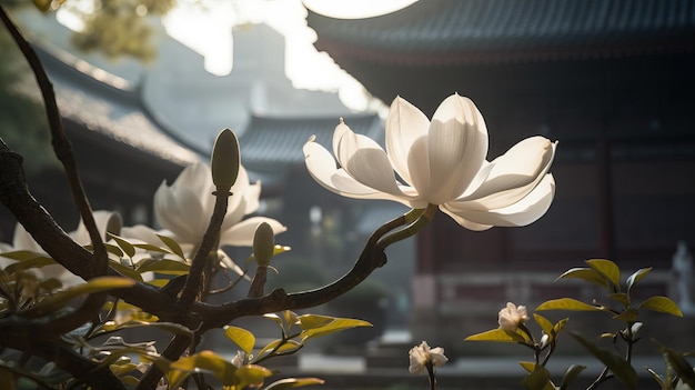 Sommermorgen Magnolienbaum Weiße Magnolie blüht