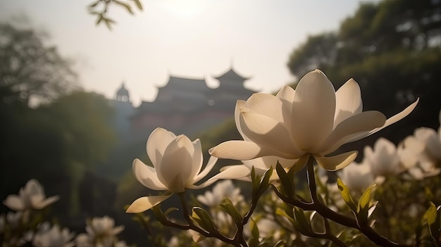 Sommermorgen Magnolienbaum Weiße Magnolie blüht