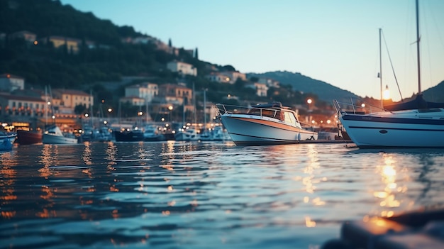 Sommernacht im Yachthafen verschwommenes Meer und Stadtlichtreflexion Menschen Silhouette entspannen