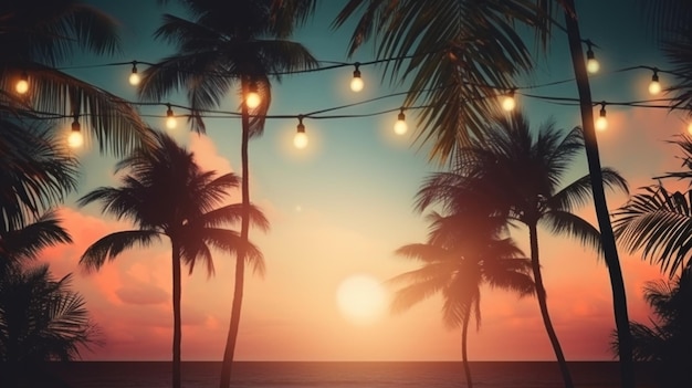 Sommernachtfeier Strandpalmen mit Glühbirnenkränzen große Copyspace-Bereich abseits der Mitte Zusammensetzung