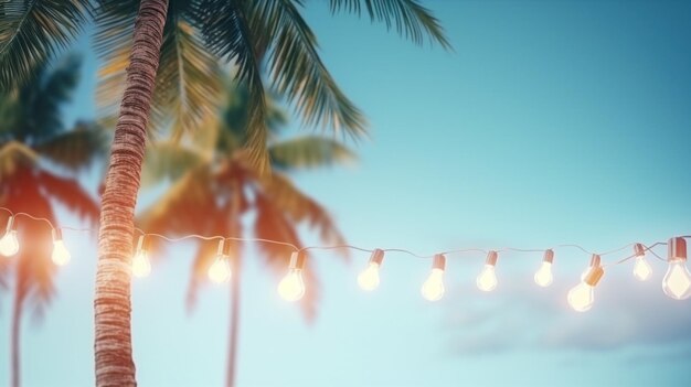 Sommernachtfeier Strandpalmen mit Glühbirnenkränzen große Copyspace-Bereich offcenter Zusammensetzung