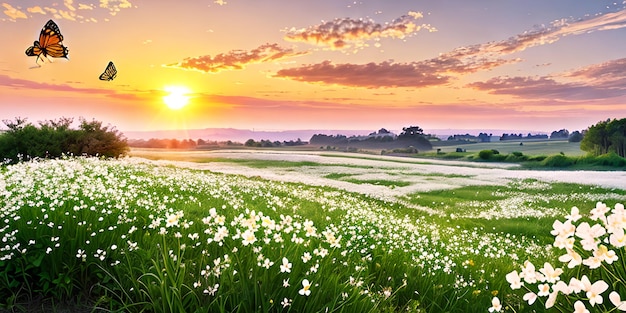 Sommernaturhintergrund mit blühenden weißen Blumen und Fliegenschmetterling gegen Sonnenaufgangssonnenlicht