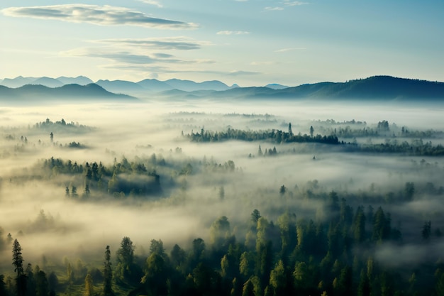 Sommerne Nebelwald Top View Grüne Blätter von Bäumen Wald und Berge