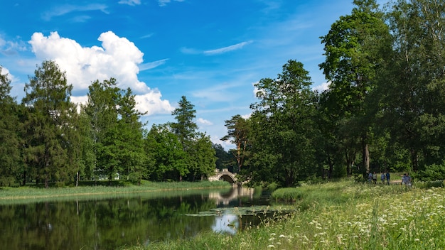 Sommerpanoramalandschaft auf dem See. Erstaunliche Sommerseelandschaft. Wunderschöner See mit Reflexion von Bäumen. Weiße Wolken in einem blauen Himmel.