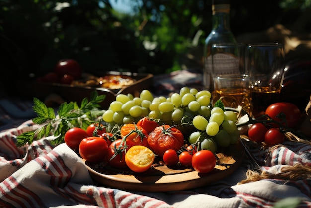 Sommerpicknick im Freien Trauben und Tomaten auf einem Holzbrett auf einer Decke