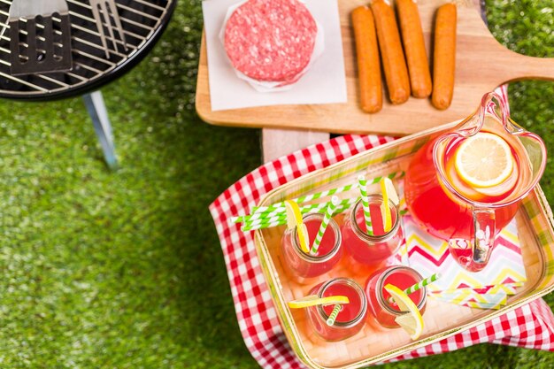 Sommerpicknick mit kleinem Holzkohlegrill im Park.