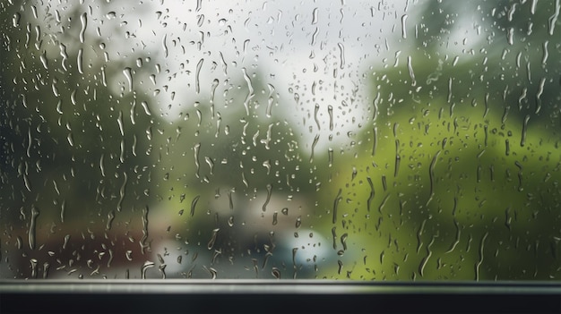 Sommerregen nasses Glas mit abstrakter Hintergrundlandschaft an einem regnerischen Tag vor dem Fenster