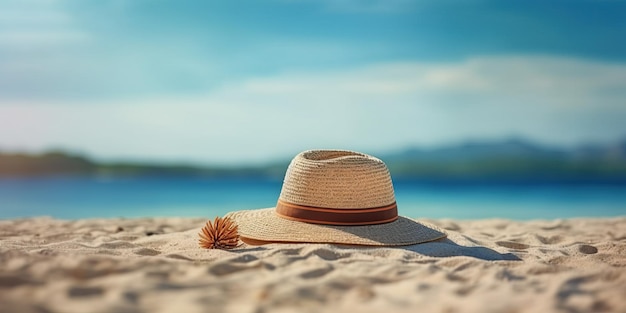 Sommerreise-Banner-Konzept Frohe Feiertage am sandigen tropischen Meeresstrand Panamahut und Sonnenbrille