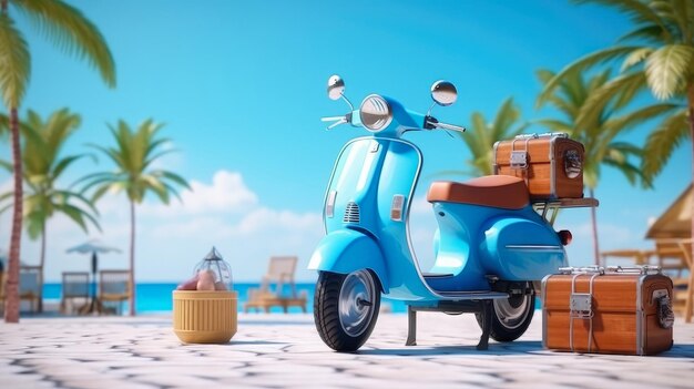 Sommerreise Blaues Motorrad mit Gepäck für Sommerferien Strand-Meerblick Urlaub Generative Ai