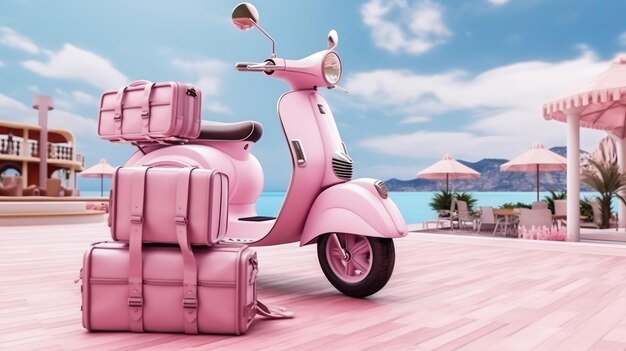 Sommerreise Rosa Motorrad mit Gepäck für Sommerferien Strand-Meerblick Urlaub Generative Ai