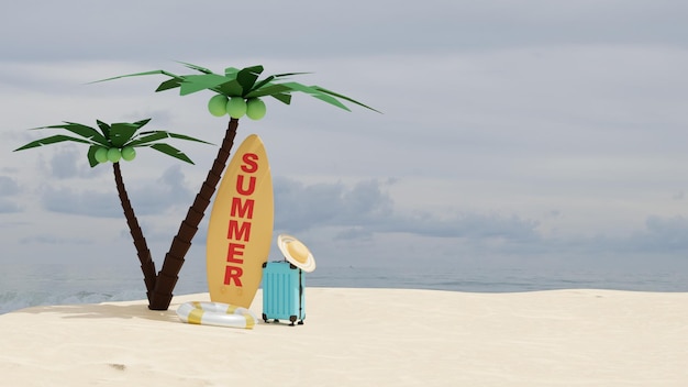 Sommersaison des Tourismus mit Gepäcktasche und Surfbrett mit Palmen im Hintergrund des Strandes