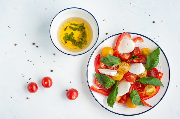 Sommersalat aus Gemüse und Mozzarella. Olivenölsauce mit Basilikum.