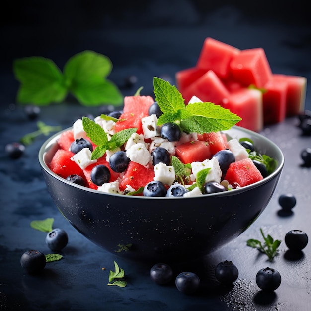 Sommersalat mit Wassermelone, Feta-Käse und Blaubeeren