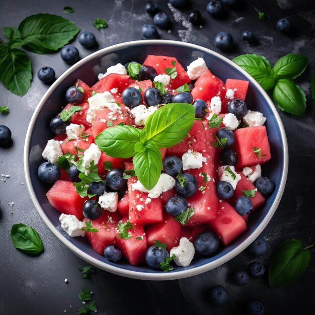 Sommersalat mit Wassermelone, Feta-Käse und Blaubeeren