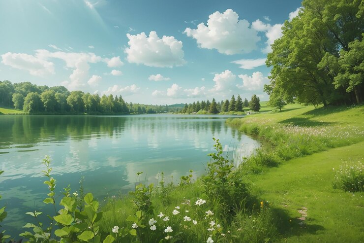 Foto sommersee in einer grünen naturlandschaft