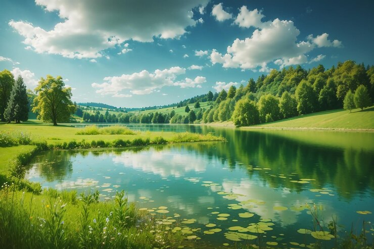 Foto sommersee in einer grünen naturlandschaft