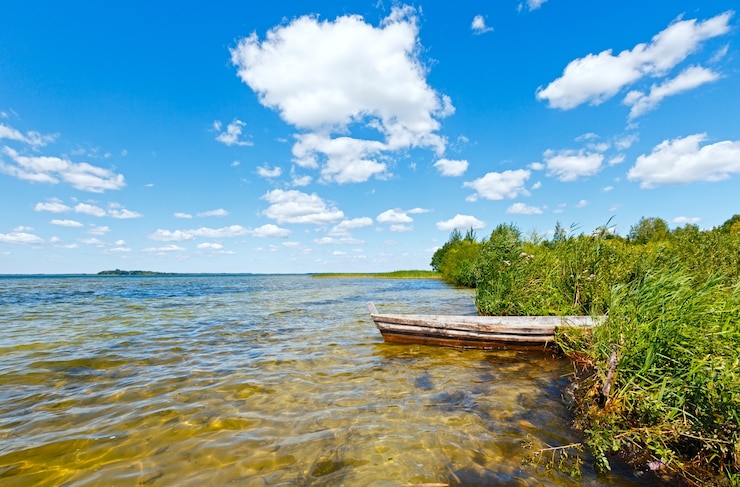 Foto sommerseeblick mit holzboot in ufernähe