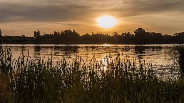 Sommersonnenuntergang durch die Flusslandschaft