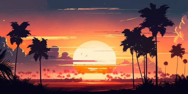 Sommersonnenuntergang über dem Horizont mit Palmen in der Ferne Generative KI