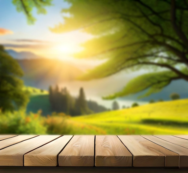 Sommersonniger Hintergrund mit leerem Holztisch für Produktpräsentation, grünes Tal, verschwommener Hintergrund