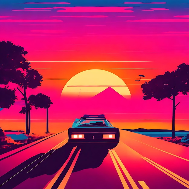 Sommerstimmung im 80er-Jahre-Stil, Illustration mit Auto, das in den Sonnenuntergang fährt. Generative KI