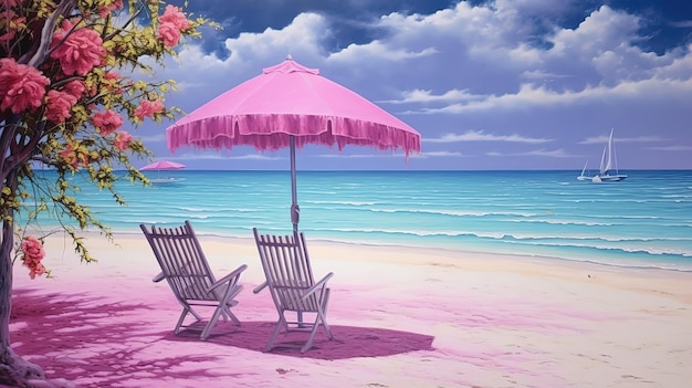 Sommerstrand am Seebaden - Stuhl und Regenschirm Generative ai